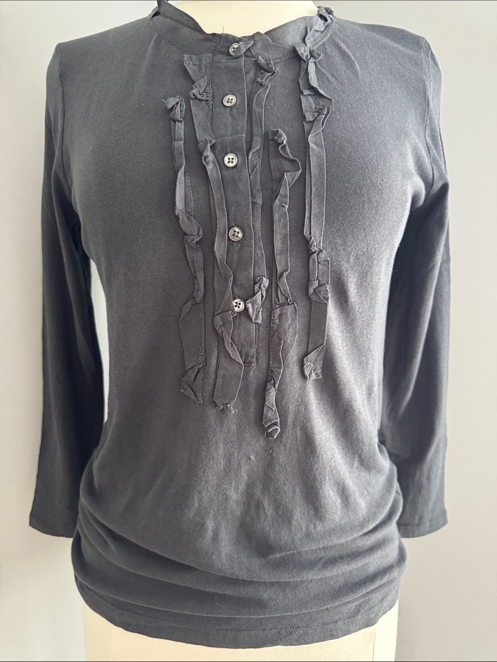 J Crew Henley Ruffle-Trim Top - Steel, Size M
